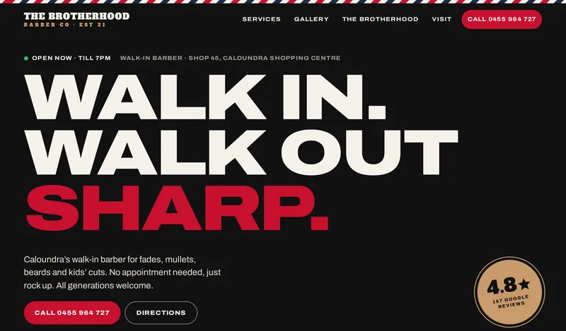 The Brotherhood Barber Co. homepage on a laptop: the headline Walk in. Walk out sharp., a red Call button, a Directions button and a 4.8 star badge from 187 Google reviews.