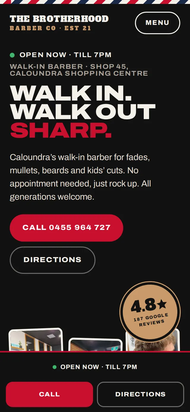 The same homepage on a phone. A bar fixed to the bottom of the screen holds two buttons, Call and Directions, under a line saying the shop is open now.