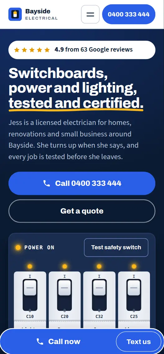 Phone screenshot of the Bayside Electrical sample website