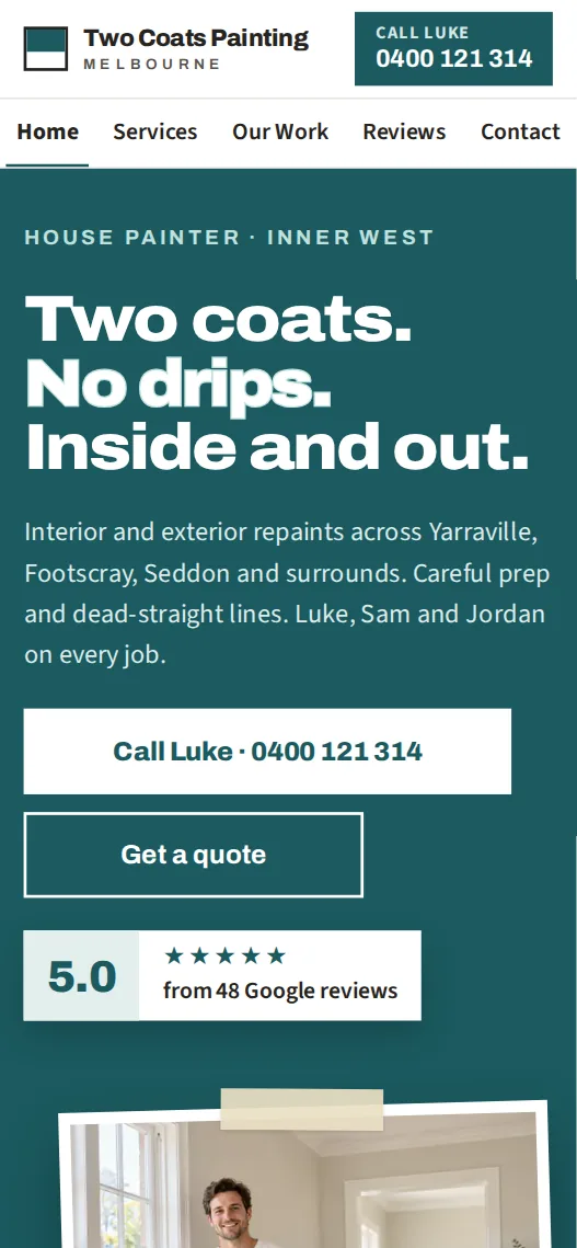 Phone screenshot of the Two Coats Painting sample website