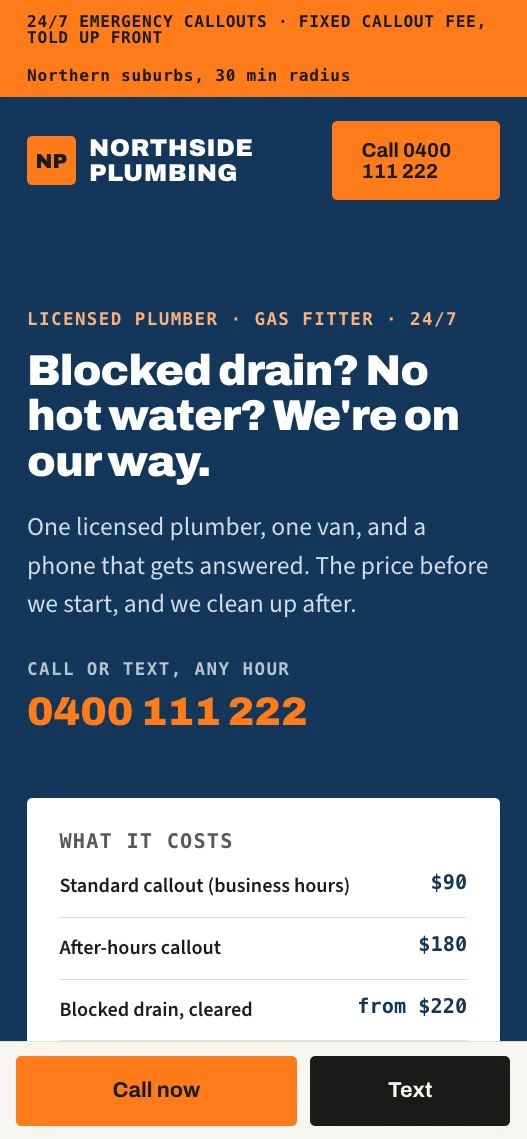 Phone screenshot of the Northside Plumbing sample website