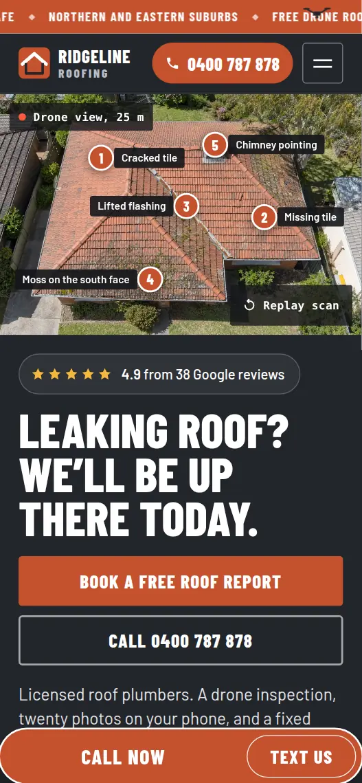 Phone screenshot of the Ridgeline Roofing sample website